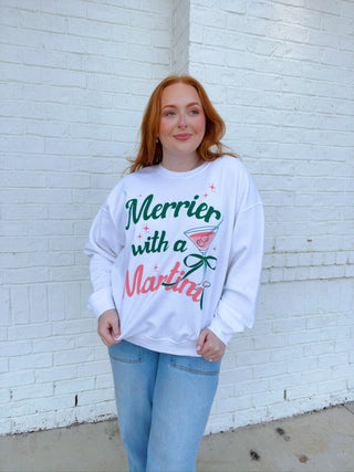 Merrier with a Martini Sweatshirt- christmas sweatshirt, clothing, comfy sweatshirt, Curvy, Martini, Merrier, merry, MERRY CHRISTMAS, MERRY CHRISTMAS Y’ALL, merry every thing, oversized sweatshirt, plus sweatshirt, Seasonal, sweatshirt, SWEATSHIRTS, Tops-Ace of Grace Women's Boutique