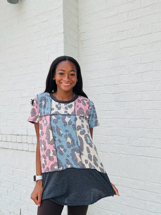 Color Block Leopard Reversed Stitch Top- Tops-Ace of Grace Women's Boutique