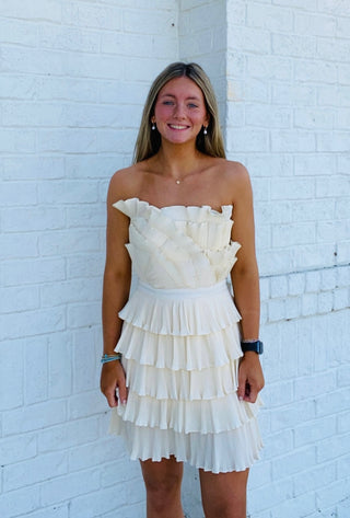 Cream Layered Pleated Ruffle Mini Dress- Bachelorette, BRIDE DRESS, church dress, cream dress, dress, dresses & rompers, Dressy, flowy dress, game day dress, GRADUATION, GRADUATION DRESS, layered dress, mini dress, Pref dress, recruitment, ruched dress, RUFFLED DRESS, RUSH, Sale, tiered dress, wedding, WHITE GRADUATION DRESS-Ace of Grace Women's Boutique