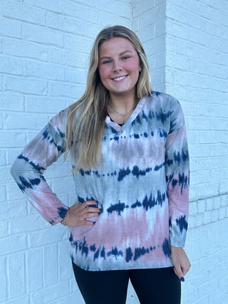 Olive Brushed Tie Dye V-Neck Top- Brushed,curv,Curvy,Hacci,PLUS,SOFT,TIE DYE,Tops-Ace of Grace Women's Boutique