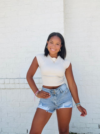 High Rise Double Button Distressed Denim Shorts- blue shorts,Bottoms,clothing,denim,denim shorts,HIGH RISE SHORTS,shorts-Ace of Grace Women's Boutique