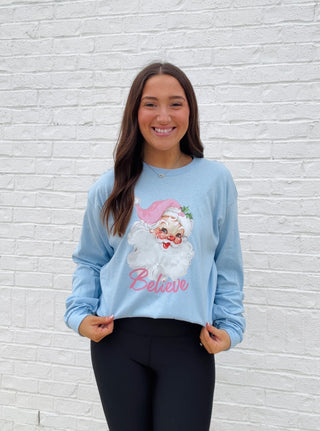 Santa Believe Long Sleeve T-Shirt- Believe, CHRISTMAS, CHRISTMAS GRAPHIC TEE, Christmas Longsleeve, CHRISTMAS SHIRT, christmas sweatshirt, Christmas tee, CHRISTMAS TREE, clothing, Curvy, Santa, Santa shirt, Seasonal, Tops-Ace of Grace Women's Boutique