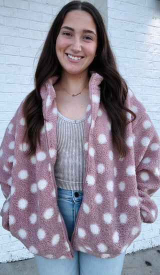 Pink Polka Dot Sherpa Jacket- Coat,CREAM JACKET,FUZZY JACKET,JACKET,outerwear,POLKA DOTS,puffer jacket,Sale,sherpa jacket,SOFT,Teddy,Tops-Ace of Grace Women's Boutique