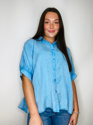 Washed Oversized Button Down Shirt- button down, button up, button up top, denim color, oversized, OVERSIZED TOP, Tops-Ace of Grace Women's Boutique