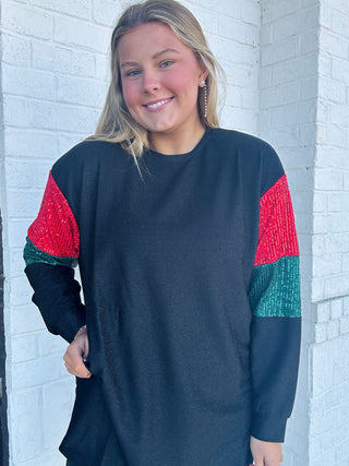 Red and Green Sequin Black Top- christian shirt,CHRISTMAS,Curvy,Seasonal,SEQUIN,Tops-Ace of Grace Women's Boutique