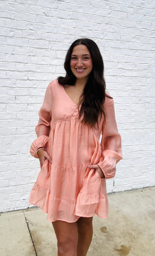 Soft Crinkled Long Sleeve Dress- BLUSH, church dress, clothing, colorful dress, dress, dresses & rompers, Dressy, dressy shorts, flowy dress, LONG SLEEVE, long sleeves, mini dress, pink dress, ruched dress, RUFFLED DRESS, SILK DRESS, WOMENS DRESS-Ace of Grace Women's Boutique