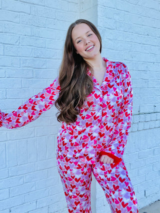 Valentine Heart Pajama Set- Curvy, lounge, LOUNGE SET, Loungewear, pajama pants, pajama set, pajama top, pajamas, PLUS, plus size, plus size valentine, Seasonal, VALENTINE, Valentine Collection, valentine pjs, valentine plus size, VALENTINES, VALENTINES GIFT, VALENTINES TOP, VALENTINES TSHIRT-Ace of Grace Women's Boutique