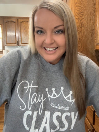 Stay Classy Sweatshirt • Miranda- black sweatshirt, Classy, comfy sweatshirt, Corn dip, Curvy, graphic, graphic T-shirt, GRAPHIC TEE, Graphic Tees, graphic tshirt, green sweatshirt, grey sweatshirt, Merch, Miranda, oversized sweatshirt, pink sweatshirt, plus size sweatshirt, plus sweatshirt, Stay classy, sweatshirt, SWEATSHIRTS, Tops-Gray-S-Ace of Grace Women's Boutique