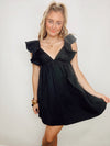 Black Ruffled Tie Back Dress- black dress, dress, flowy dress, game day, game day dress, game days, open back-Ace of Grace Women's Boutique