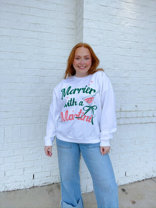 Merrier with a Martini Sweatshirt- christmas sweatshirt, clothing, comfy sweatshirt, Curvy, Martini, Merrier, merry, MERRY CHRISTMAS, MERRY CHRISTMAS Y’ALL, merry every thing, oversized sweatshirt, plus sweatshirt, Seasonal, sweatshirt, SWEATSHIRTS, Tops-Ace of Grace Women's Boutique