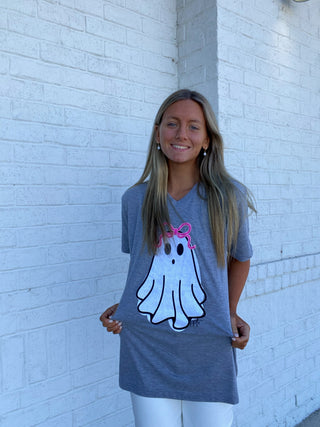 Cutest Ghost V-neck Tee- BOW, Bow detail, bow top, Curvy, ghost, ghosts, GLITTER, graphic, graphic T-shirt, GRAPHIC TEE, Graphic Tees, graphic tshirt, HALLOWEEN, halloween shirt, Halloween tshirt, ribbon, Ribbons, Seasonal, Tops-Ace of Grace Women's Boutique