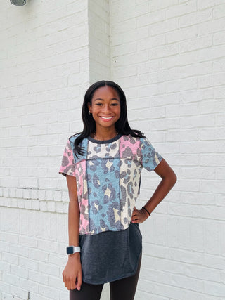 Color Block Leopard Reversed Stitch Top- Tops-Ace of Grace Women's Boutique