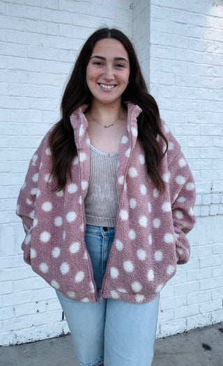 Pink Polka Dot Sherpa Jacket- Coat,CREAM JACKET,FUZZY JACKET,JACKET,outerwear,POLKA DOTS,puffer jacket,Sale,sherpa jacket,SOFT,Teddy,Tops-Ace of Grace Women's Boutique