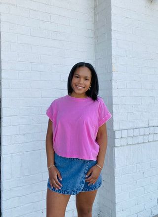 Mineral Wash Cuffed Sleeve Top- clothing,CUFFED SLEEVES,hot pink top,LIGHT PINK,LIGHT PINK TOP,mineral,MINERAL WASH,MINERAL WASHED,NEON PINK,pink,Tops-Ace of Grace Women's Boutique