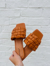 Tan Leather Woven Slide Sandal