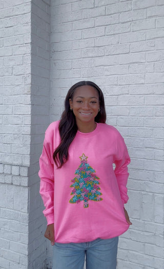 Neon Pink Faux Yarn Christmas Tree Sweatshirt- CHRISTMAS,CHRISTMAS CHEER,christmas sweatshirt,Christmas tee,christmas top,Christmas tshirt,Curvy,MERRY CHRISTMAS,PLUS,Seasonal,Tops-Ace of Grace Women's Boutique
