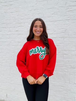 Merry Sweatshirt (cropped)- CHRISTMAS, CHRISTMAS CHEER, Christmas Longsleeve, CHRISTMAS SHIRT, christmas sweatshirt, Christmas tee, christmas top, Christmas tshirt, clothing, Curvy, holiday, HOLIDAYS, merry, MERRY CHRISTMAS, Seasonal, Tops-Ace of Grace Women's Boutique