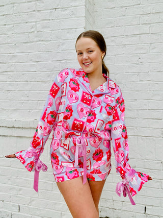 XOXO Bow Pajama Set- lounge,LOUNGE SET,Loungewear,pajama pants,pajama set,pajama shorts,pajama top,pajamas,Seasonal,VALENTINE,Valentine Collection,valentine pjs,valentine shorts,VALENTINES,VALENTINES GIFT-Ace of Grace Women's Boutique