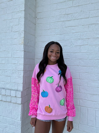 Pink Pumpkin Sequin Top- Curvy,HOT PINK,LIGHT PINK,pink,PLUS,pumpkin,pumpkins,Seasonal,SEQUIN,Tops-Ace of Grace Women's Boutique