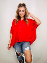 Red Oversized Satin Button Down Top