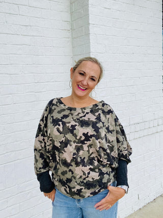 Camouflage Top with Contrast Cuffs & Thumb Opening- camo,camo shirt,camo top,Camouflage,Curvy,fuzzy sweater,PLUS,plus size,plus size graphic tee,plus size sweatshirt,PLUS SIZE TEE,PLUS SIZE TOP,plus sizes,plus sweatshirt,SWEATER,sweater top,Tops-Ace of Grace Women's Boutique