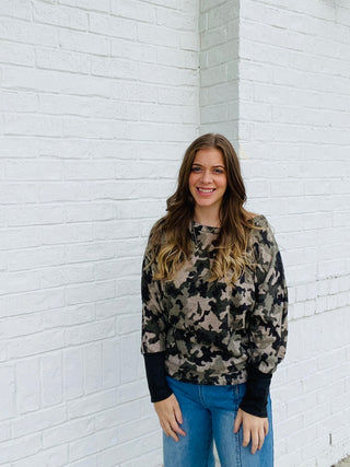 Camouflage Top with Contrast Cuffs & Thumb Opening- camo,camo shirt,camo top,Camouflage,Curvy,fuzzy sweater,PLUS,plus size,plus size graphic tee,plus size sweatshirt,PLUS SIZE TEE,PLUS SIZE TOP,plus sizes,plus sweatshirt,SWEATER,sweater top,Tops-Ace of Grace Women's Boutique