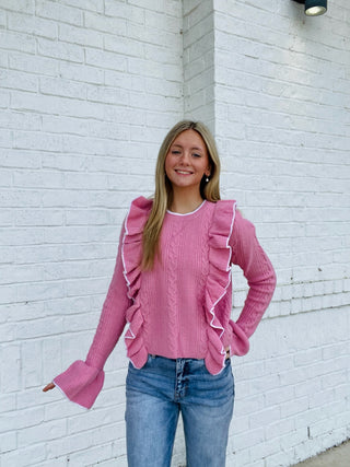 Cable Knit Ruffle Sweater- bow sweater, clothing, cream sweater, fuzzy sweater, knit sweater, LIGHT PINK, pink, pink sweater, pink top, RUFFLE SWEATER, RUFFLE TOP, ruffled, RUFFLED SWEATER, RUFFLES, SWEATER, sweater top, sweaters, Tops, white sweater-Ace of Grace Women's Boutique