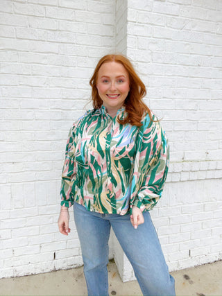 Green Multicolor Print Top- clothing,Curvy,Dolman,GREEN,Green shirt,LONG SLEEVE,long sleeve top,long sleeves,longsleeve,Perfect for work,PLUS,plus size,PLUS SIZE TEE,PLUS SIZE TOP,PLUS SIZE TSHIRT,Pretty,Tops,work,WORK SHIRT,WORK TOP-Ace of Grace Women's Boutique