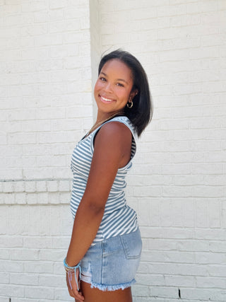 Striped Button Down Tank Top- active top,athletic tank,basic top,blue tank,BLUE TANK TOP,Stripe,STRIPED,summer tank,tank,tank top,Tops-Ace of Grace Women's Boutique