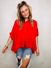 Red Oversized Satin Button Down Top