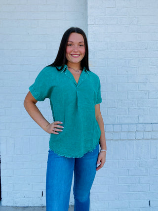 Mineral Washed Green V Neck Top- Curvy, GREEN, NEW, saint patricks day, Seasonal, SPRING, Tops-Ace of Grace Women's Boutique