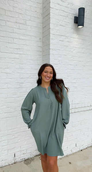 Long Sleeve Dress with Collared Neck- blue dress, church dress, clothing, COLLARED DRESS, Curvy, dress, dresses & rompers, Dressy, FALL, fall clothes, flowy dress, GREEN DRESS, GREEN PLUS SIZE DRESS, NAVY, Navy blue, olive, plus size dress, WOMENS DRESS, WOVEN-Ace of Grace Women's Boutique