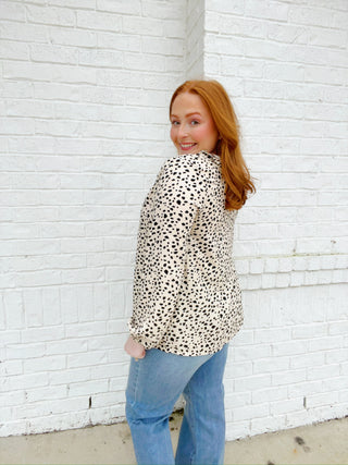 Dalmatian Top | 2 Colors- animal, ANIMAL PRINT, BLACK, clothing, CREAM, Curvy, Dalmation, DATE NIGHT, Perfect for work, Spotted, Tops, work, WORK SHIRT, WORK TOP-Ace of Grace Women's Boutique