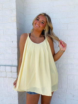 Yellow Pleated Spaghetti Strap Tank- Curvy,PLEATED,PLUS,spaghetti straps,summer,tank,tank top,Tops,YELLOW,yellow top-Ace of Grace Women's Boutique