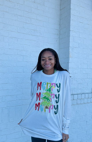 Rhinestone Merry Long Sleeve Tee- christian shirt,CHRISTMAS,CHRISTMAS GRAPHIC TEE,curv,Curvy,merry,MERRY CHRISTMAS,PLUS,Sale,Seasonal,Tops-Ace of Grace Women's Boutique