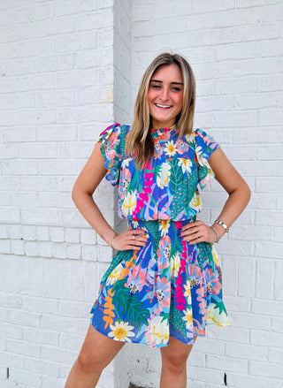 Multi Colored Smocked Ruffle Sleeve Dress- clothing, colorful dress, dress, dresses & rompers, Easter dress, floral dress, flowy dress, SMOCKED, smocked waist-Ace of Grace Women's Boutique