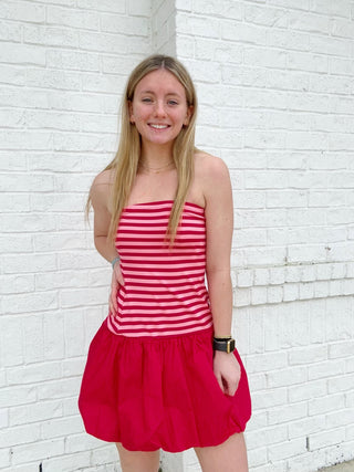 Strapless Striped Mini Dress- clothing, Dress, dresses & rompers, pink, pink striped, RED, red dress, Seasonal, Stripe, STRIPED, striped dress, stripes, VALENTINE, Valentine Collection, VALENTINES, VALENTINES DRESS-Ace of Grace Women's Boutique