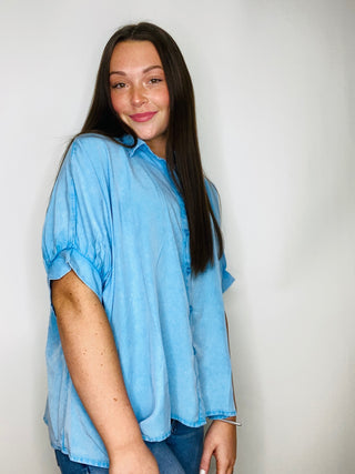 Washed Oversized Button Down Shirt- button down, button up, button up top, denim color, oversized, OVERSIZED TOP, Tops-Ace of Grace Women's Boutique