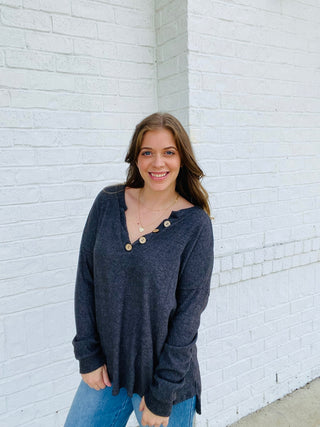 Charcoal Ribbed Button Henley Top- Curvy,FALL,fall clothes,fall transition,Henley,ribbed,Tops-Ace of Grace Women's Boutique