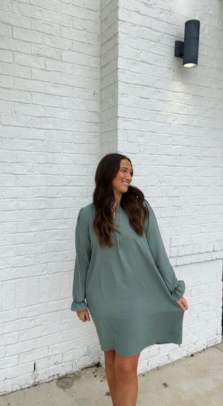 Long Sleeve Dress with Collared Neck- blue dress, church dress, clothing, COLLARED DRESS, Curvy, dress, dresses & rompers, Dressy, FALL, fall clothes, flowy dress, GREEN DRESS, GREEN PLUS SIZE DRESS, NAVY, Navy blue, olive, plus size dress, WOMENS DRESS, WOVEN-Ace of Grace Women's Boutique