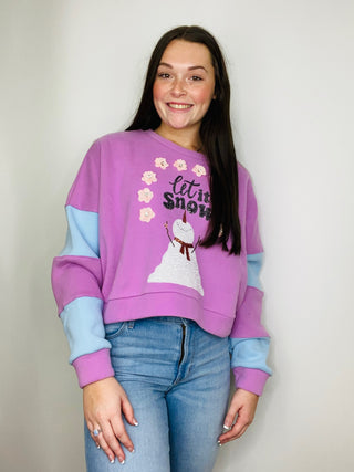 Let It Snow Cropped Color Block Sleeve Pullover- CHRISTMAS,Christmas Longsleeve,CHRISTMAS SHIRT,christmas sweatshirt,clothing,FALL,fall clothes,holiday,HOLIDAYS,let it snow,MERRY CHRISTMAS,outerwear,Seasonal,snow,sparkle season,Tops,winter-Ace of Grace Women's Boutique