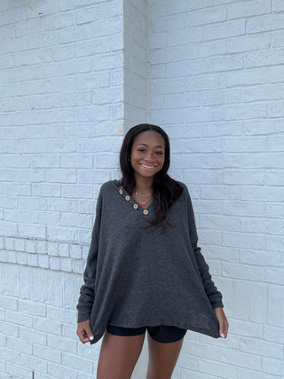 Charcoal Ribbed Button Henley Top- Curvy,FALL,fall clothes,fall transition,Henley,ribbed,Tops-Ace of Grace Women's Boutique