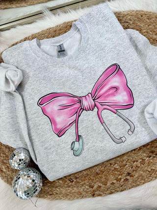 PREORDER - Healthcare Bow Sweatshirt- BOW, Bow detail, bow top, BOWS, Curvy, Doctor, Healthcare, HOT PINK, HOT PINK TEE, hot pink top, Medical, Nurse, pink, PREORDER, ribbon, Ribbons, Stethoscope, Tops-Ace of Grace Women's Boutique