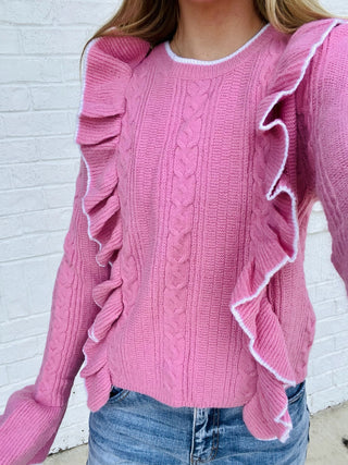 Cable Knit Ruffle Sweater- bow sweater,clothing,cream sweater,fuzzy sweater,knit sweater,LIGHT PINK,pink,pink sweater,pink top,RUFFLE SWEATER,RUFFLE TOP,ruffled,RUFFLED SWEATER,RUFFLES,Sale,Seasonal,SWEATER,sweater top,sweaters,Tops,white sweater-Ace of Grace Women's Boutique