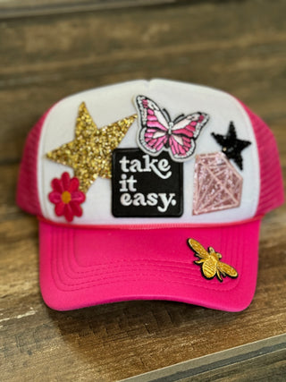 Take It Easy Trucker Hat- Accessories, accessory, camo, camo hat, cap, hair accessory, hats, MadelynnGrace, Pink hat, Take it easy, trucker hat, trucker hats-Pink-Ace of Grace Women's Boutique