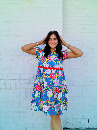 Blue Floral Dress with Ric Rac Trim- church dress,clothing,Curvy,dresses & rompers,Easter,Easter dress,floral,floral dress,floral pattern,floral print,florals,PLUS,Ric rac,SPRING,Spring dress-Ace of Grace Women's Boutique