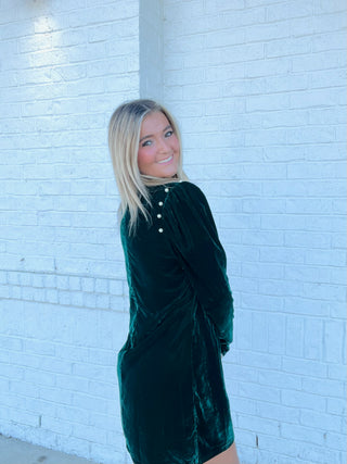 Green Velvet Pearl Dress- black velvet,CHRISTMAS,christmas dress,church dress,clothing,dress,dresses & rompers,Dressy,flowy dress,GREEN DRESS,holiday,HOLIDAYS,MERRY CHRISTMAS,Party dress,Sale,Seasonal,velvet,VELVET DRESS-Ace of Grace Women's Boutique