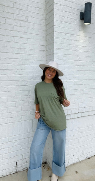 Olive Oversized Boyfriend Tee- Boyfriend, clothing, Curvy, FALL, fall clothes, fall transition, olive, olive top, oversized, OVERSIZED TEE, OVERSIZED TOP, PLUS, plus size, pocket shirt, pockets, Tops-Ace of Grace Women's Boutique