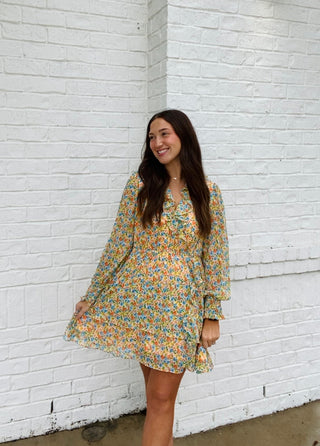 Chiffon Floral Ruffle dress- BEIGE DRESS, church dress, dress, dresses & rompers, Dressy, Easter dress, FALL, fall clothes, fall transition, floral dress, flowy dress-Ace of Grace Women's Boutique