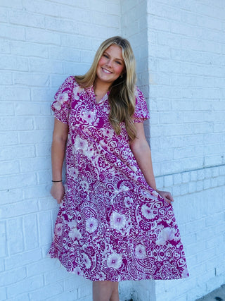 Magenta Whimsy Floral Dress- Curvy,dresses & rompers,Easter,Easter dress,floral,floral dress,floral print,florals,Midi Dress,paisley,PLUS,plus dress,plus size-Ace of Grace Women's Boutique